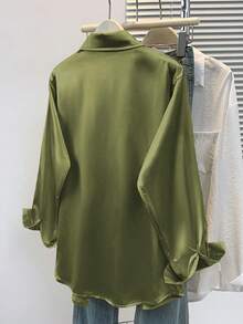 Áo sơ mi satin nữ, kiểu dáng công sở thanh lịch, cài cúc, cổ bẻ, thích hợp cho cả đi làm và đi chơi, phù hợp cho mùa thu, đông, xuân và hè. - xanh quân đội - Xem 6