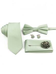 5pcs/Set Sage Green Wedding Groomsmen Tie Set Including Tie, Bow Tie, Pocket Square, Boutonniere, Cufflinks, INS Style - Mint Green - View 3