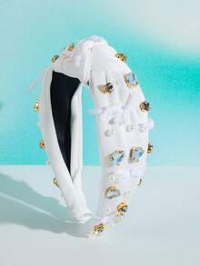 1 pieza Diadema ancha de estilo coreano con nudo de tela blanca para mujeres, con decoración minimalista de perlas de strass y lazo, con un toque de hada, accesorio versátil para uso diario, diadema, aro para el cabello - Blanco - Ver 4