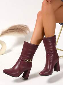 Burgundy Chain Buckle Slip-On High Heel Chunky Round Toe Elegant Versatile New Autumn/Winter Fashion Ankle Boots For Women - Burgundy - View 2