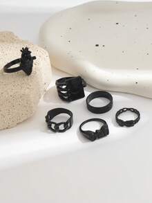 6pcs/Set Punk Style Drip Oil Heart Letter Poker Card Rings Set For Women - Black - View 3