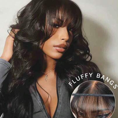Perruques de cheveux humains ondulés avec frange, cheveux brésiliens Remy noirs naturels. Perruques ondulées sans dentelle de 24 pouces avec frange, perruques sans colle à front en dentelle 4*4, perruques ondulées pré-peignées et pré-coupées sans colle, perruques à fermeture en dentelle, densité de 180, pour femmes