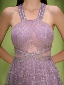 Vestido de cena con abertura y gran vuelo, bordado con encaje y luces LED de perspectiva - Lila Púrpura - Ver 5