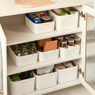 1/2/3Pcs Multifunctional Cabinet Plastic Storage Basket With Handle, Home Organization And Storage, Cosmetics Organizer, Snack Storage, Cupboard Desktop Large Capacity Sundries Storage Box, Space-Saving, Suitable For Bathroom, Bedroom, Kitchen,Office