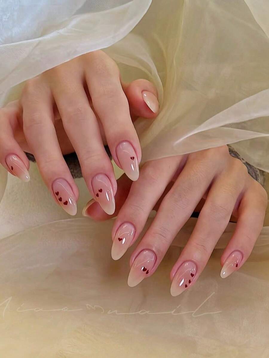 24 móng tay giả hình hạnh nhân cỡ trung bình, màu hồng gradient, thiết kế trái tim đỏ, kiểu dáng ngọt ngào, bóng bẩy, phủ kín toàn bộ móng, thích hợp cho nữ và bé gái, dùng cho ngày Valentine hàng ngày. - Nhiều màu - Xem 1