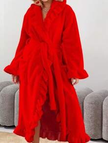 Women's Extra Long Ruffled Bathrobe - Ultra Soft Coral Fleece Luxury Bathrobe, Quick Dry Warm Bathrobe, Lace Collar, Autumn/Winter Long Sleeve Bathrobe, Palace Style French Velvet Robe, Thick Flannel Loungewear, Winter Sleepwear, Opaque Bathrobe, Suitable For Spa, Home, Gifting - Elegant Ladies Bathrobe - Multicolor - View 9