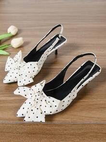2026夏季波点蝴蝶结尖头细跟凉鞋，女士闭趾高跟凉鞋，带踝带 - 白色 - 查看 3