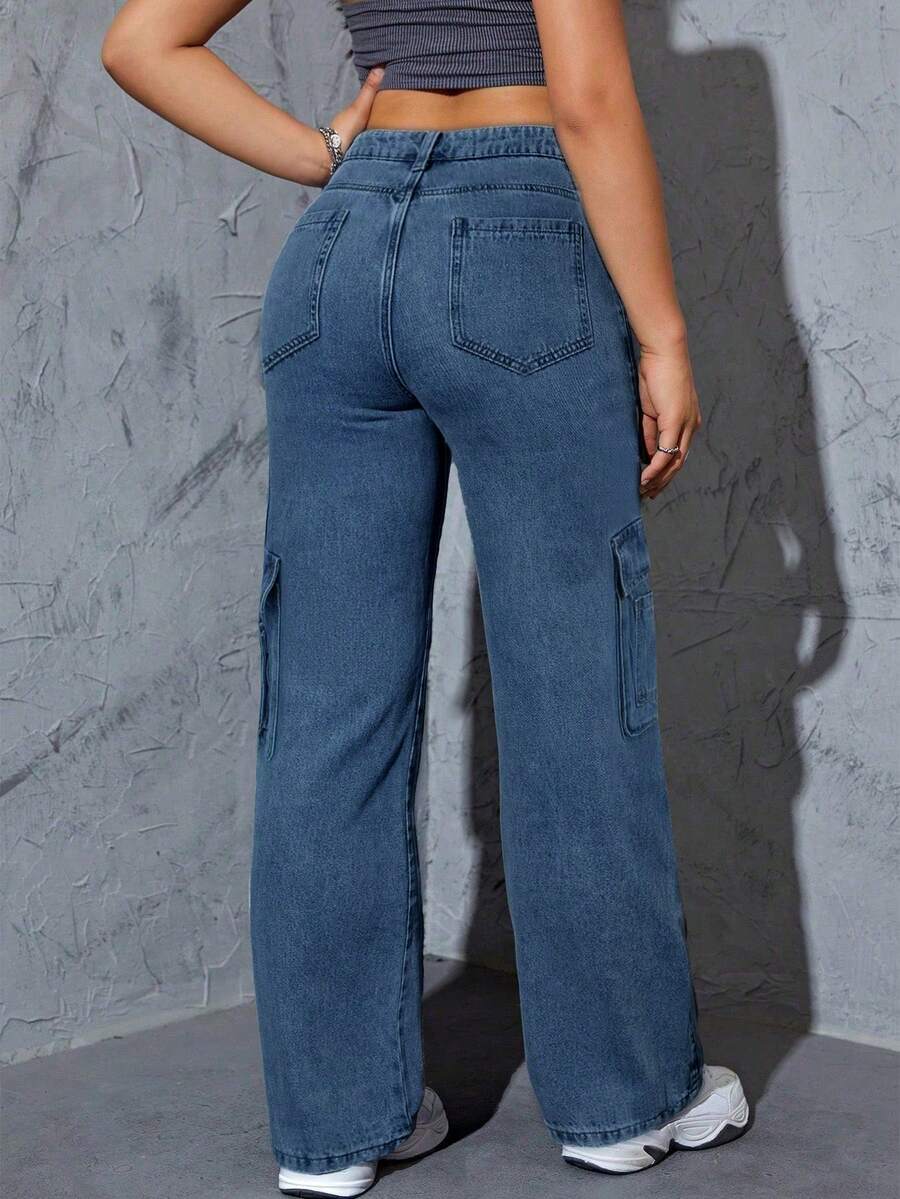 Women's Jeans, Y2K Style Women's Clothing, Casual And Versatile Straight-Leg Pants, Workwear Pants, Jeans > Pants, Suitable For All Seasons, With Multiple Pocket Designs, Religion > Clothes, Suitable For Casual Outings, Cocktail Parties, Parties, Christmas, Nightclubs, Banquets, Film Festivals, Cinemas, Dance Parties, Cocktail Parties, Bars, Weddings, Graduation Ceremonies, Back-To-School, Birthday Parties, Rebellious Girls, Festival-Themed Parties, Casual Wear, Street Fashion, Fashion Shows, Dates, Valentine's Day, Going Out To Work At University, School, Village, Music Concerts, Street Girls, Young Girls, Country Outfits For Women, Best For Women When Going Out, Women's Vacation Clothing, Country Music Concerts, Women's New Year Outfits, Valentine's Day Outfits For Women. - 藍色 - 查看 1