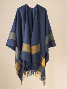 1pc New Striped Tasseled Poncho/Cape, Warm & Fashionable Unisex Shawl Scarf For Autumn/Winter