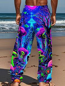 1pc Men'S Neon Glow-In-The-Dark Pants - Loose-Fit Straight-Leg Trousers With Neon Glow-In-The-Dark Print, All-Over Neon Colors (, Pink, Green, Purple, Orange, Yellow, Red) - Casual & Formal Outfits - Machine Washable - Ideal For Parties, Fishing - 彩色 - 查看 4