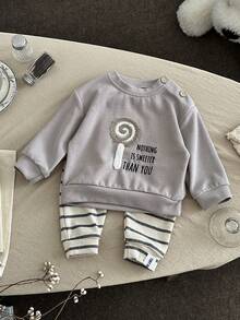 2pcs/Set Baby Girl Lollipop Embroidered Long Sleeve Sweatshirt And Pants Set, Spring/Autumn