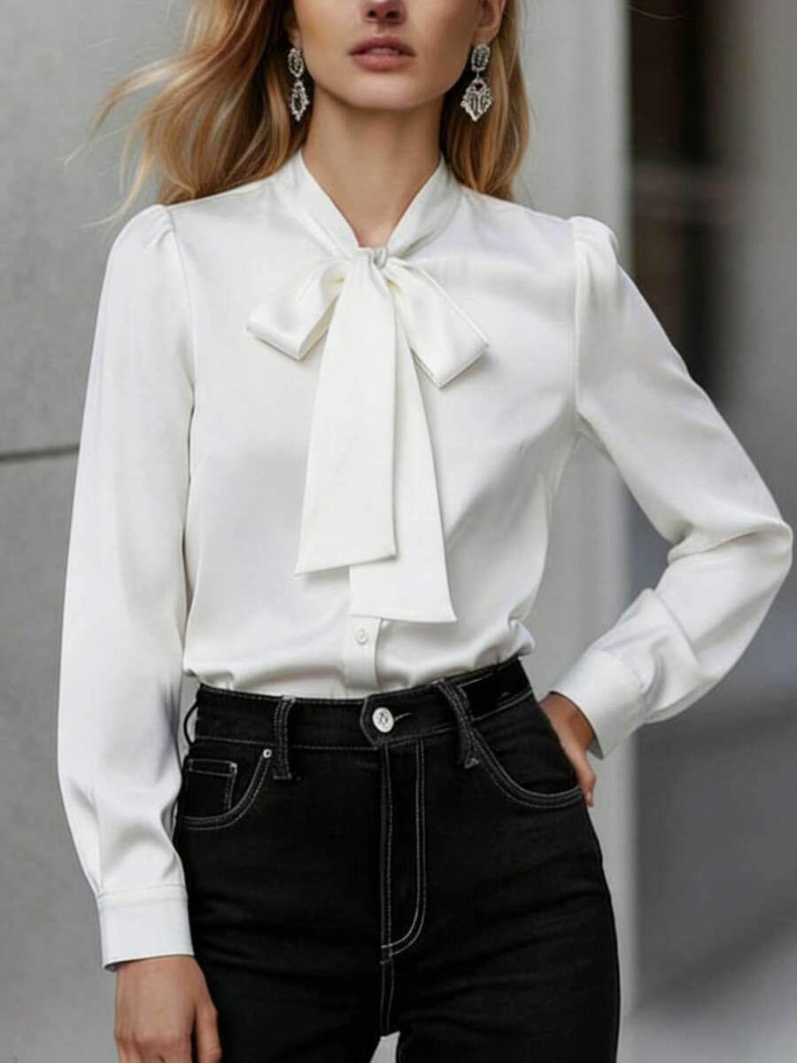 女士优雅休闲纯色前系蝴蝶结长袖衬衫，适合春季办公室穿着，白色 - 白色 - 查看 1
