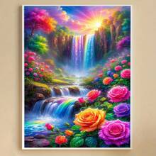 1pc Diamond Painting, Rainbow Waterfall Rose Garden, Suitable For Living Room Decor, Art Exhibition, Home Decoration Mosaic Artwork - Multicolor - View 3
