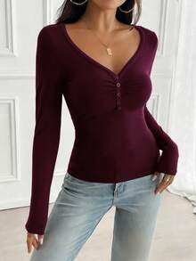 GAOVOT Women's Y2K Casual Everyday Sexy Solid Color Fitted Long Sleeve V-Neck Top, Suitable For Valentine's Day - Màu tím - Xem 6