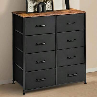 8-Drawer Fabric Storage Tower With Wooden Top And Steel Frame, Adjustable Feet Tall Dresser Chest Organizer For Bedroom, Closet, Or Living Room, Black Multi-Drawer Unit