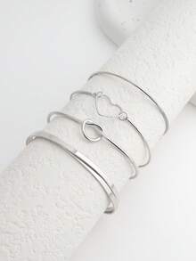 Set de 4 pulseras con nudo de corazón hueco, estilo INS, set de pulseras geométricas con corazón cruzado para mujeres - Plateado - Ver 3