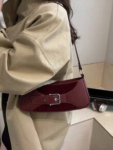 1个PU纯色拉链新月形腋下包，时尚复古单肩包，适合职业女性，多功能结构包 - 紅色 - 查看 9
