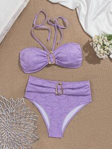 wohenmeili Women's Summer Beach Cashew Floral Print Halter Tie Sexy Bikini Swimsuit Set - Purple - View 10