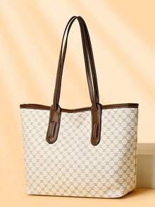 Juego de 3 piezas de bolso de mano, bolso de hombro y bolso de mano con cremallera de cuero de PU a cuadros, elegante y versátil, adecuado para uso diario de mujeres, de gran capacidad, bolso elegante para damas de mediana edad - Blanco - Ver 2