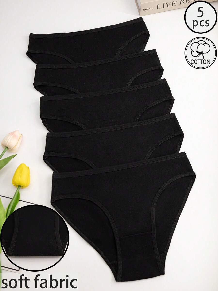 5pcs Women Black Seamless Plain Minimalist High Elastic Skin-Friendly Breathable No-Trace Fresh Triangle Panties - Black - View 1