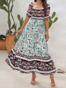 Women's Bohemian Beach Vacation Dress One Shoulder Bubble Sleeve Long Skirt - 綠色 - 查看 2