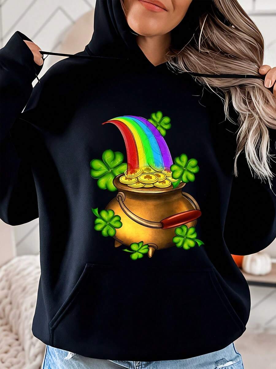 Women Hoodie St Patrick Day Rainbow Pot Of Gold And Clover Print Spring Outfit For Casual Wear Party And Festival - Black - View 1
