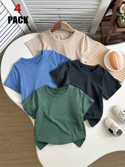 3 st/pack babypojkar enfärgade kortärmade t-shirts, sommarnyhet, rund hals, lämplig för utomhusbruk och fritidskläder