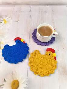 1/4 手工钩针鸡形杯垫，圣诞装饰，适合家庭或办公桌装饰，也适合乔迁派对、圣诞节、复活节庆祝活动、圣诞礼物、情人节、母亲节、教师节、感恩节、生日礼物和伴娘回礼 - 彩色 - 查看 5