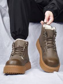 Men's Boots, Thick Sole Snow Boots, Classic Glossy Leather Side Zipper Mid-Calf Boots, Fashion Versatile Winter Outdoor Travel Hiking Boots, Thermal Lining Warm Insulation