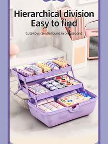 1 pieza Organizador de accesorios para el cabello: Caja de almacenamiento de 3 niveles con divisores, cierre con forma de lazo y asa de transporte | Gran capacidad | Almacenamiento duradero rosa o morado para horquillas, tarjetas de goma, pegatinas y manualidades | Regalo perfecto para niñas.