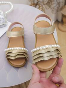 "Kids' Beige Pearl & Gold Ruffle Sandals: Elegant Flat Open-Toe Shoes For Parties & Daily Wear" - Gold - View 2