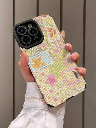 1pc Floral & Seashell Pattern Vertical Striped Faux Leather Shockproof Anti-Fingerprint Phone Case Compatible With Apple And Models, Pink & Yellow