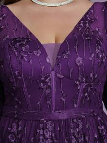 V-Neck Embroidered Lace See-Through Long-Sleeved, Large-Swing High-End Evening Dress Without Positioning - Purple - View 6