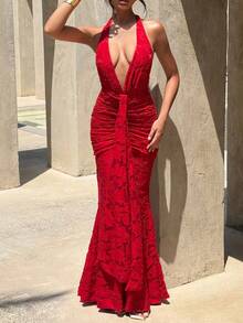 Women's Deep V-Neck Floral Jacquard Fitted Backless Ruffle Hem Sexy Cocktail Dress - Perfect For Date Night, Club Party, And Wedding Guest - Red - View 3