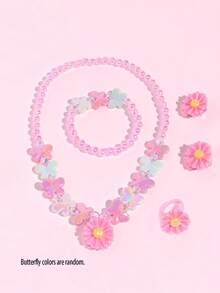 5pcs/Set Girls Sweet Daisy Flower Pendant Beaded Jewelry Set, Including Necklace, Bracelet, Ring And Earrings, Suitable For Daily Wear And Party Gift
