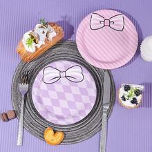 10/20/50pcs,Pink Purple Check Stripe Bow Disposable 7inch Paper Plates,Coquette Bow Dinner Plate,Cute White Striped Bow Print Round Plates,Lavender Argyle Check & Pink Diagonal Stripe Bow Pattern Plate For BabyShower Birthday Party Supplies - Multicolor - View 3