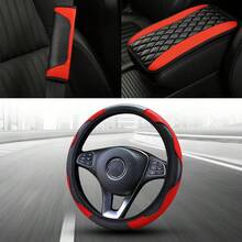 Fashionable Genuine Leather Car Interior Set - Steering Wheel Cover + Seat Belt Shoulder Pads + Center Console Armrest Pad, Stylish Luxury Design, Enhancing Driving Experience - one-size - View 2