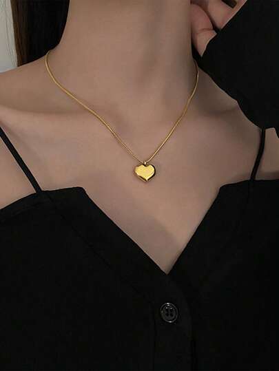 1件优雅18K镀金不锈钢光滑心形项链，女士首饰，适合日常佩戴，生日礼物/约会/派对礼物