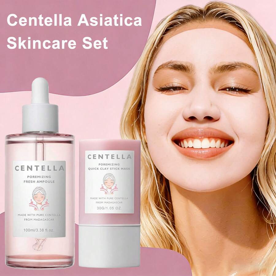 2pcs Centella Asiatica Essence Mud Mask + Madagascar Centella Asiatica Pore Refining Ampoule - Quick Application, Pore Tightening, Deep Hydration, Soothing Repair - Soothing Moisturizing | Oily Combination Skin - Daily Skincare Travel Size - Baby Pink - View 1