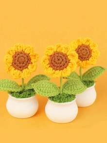 1/3支仿真向日葵，手工向日葵盆栽，钩编仿真向日葵盆栽，仿真永生向日葵盆栽，编织花束装饰，适用于家居、客厅、餐厅、卧室、办公桌、餐桌，适合秋季和开学季 - 彩色 - 查看 10