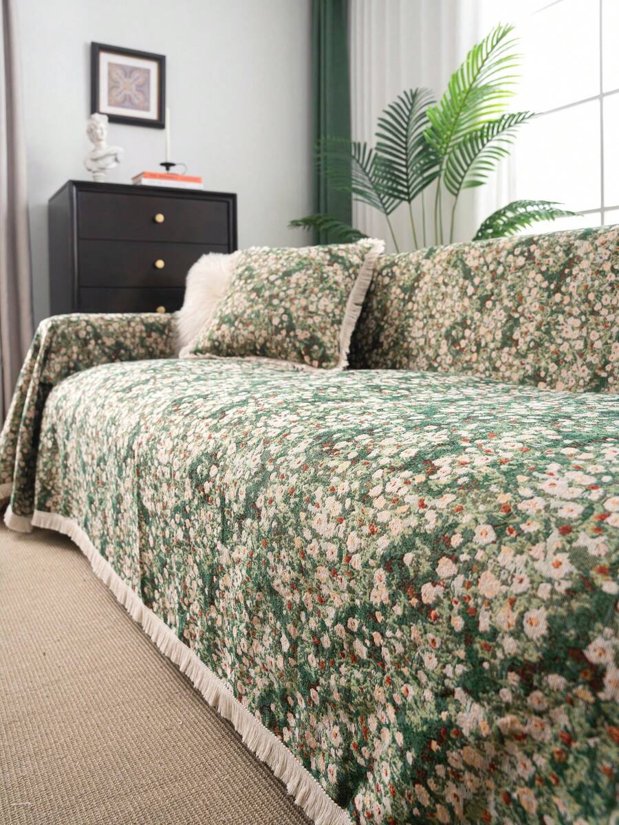 1 chiếc chăn phủ sofa họa tiết hoa xanh tươi mát, kiểu nhà nông thôn có tua rua, dày dặn và bền chắc, chống thú cưng, thích hợp cho phòng khách, phòng ngủ, văn phòng, trang trí nhà cửa, mọi mùa. - màu xanh lá - Xem 1