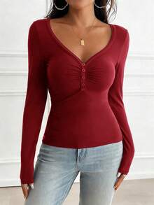 GAOVOT Women's Y2K Casual Everyday Sexy Red Fitted Long Sleeve V-Neck Top, Suitable For Valentine's Day - Màu Đỏ Sâu - Xem 5