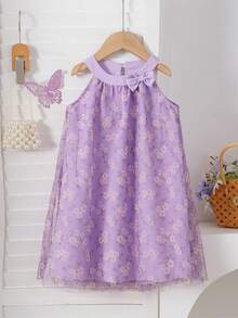 1件女童休闲纯色柔软舒适梭织面料拼接蝴蝶结花卉印花网纱无袖连衣裙，适合户外穿着，春夏款 - 淡紫色 - 查看 1