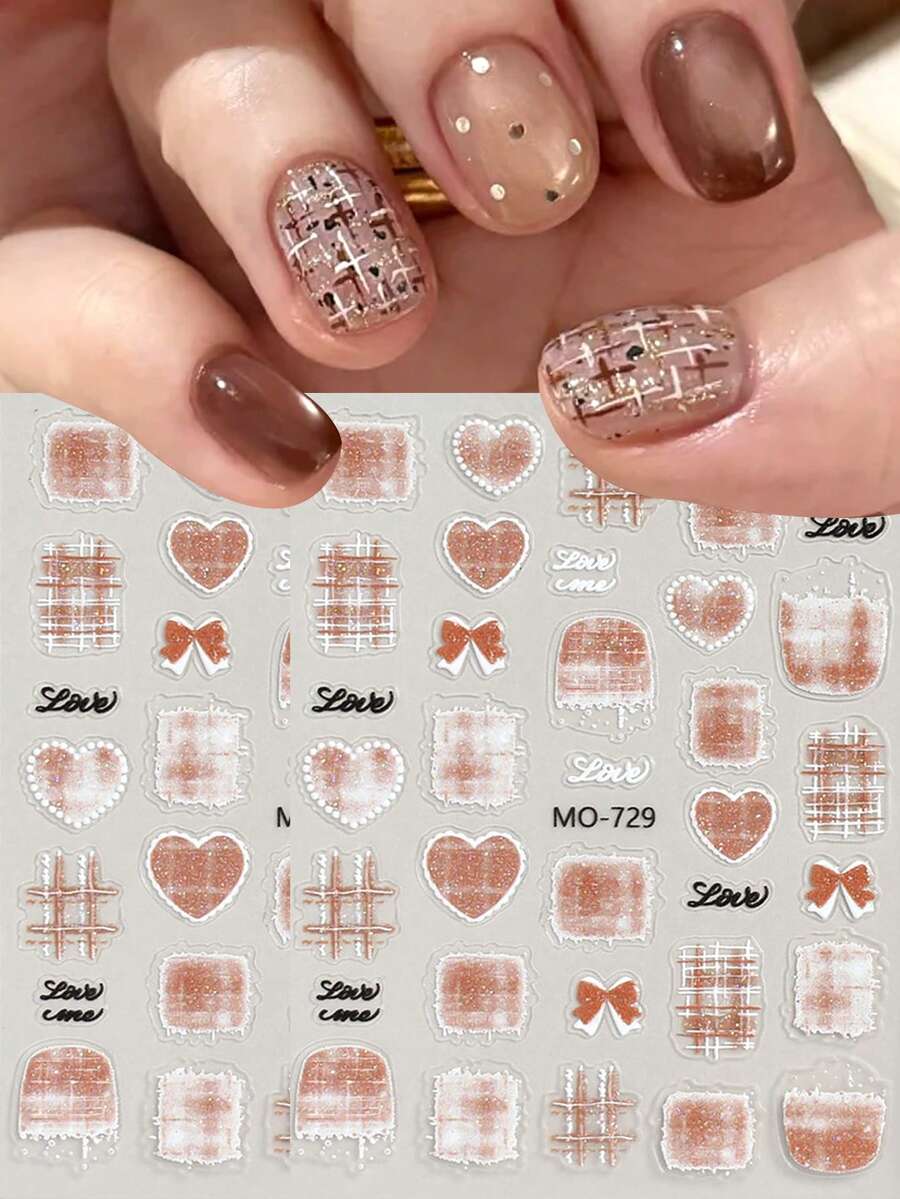 New Autumn/Winter Wool Plaid Heart Nail Stickers, Sweet And Fresh, Versatile Bow Heart Nail Art Decor