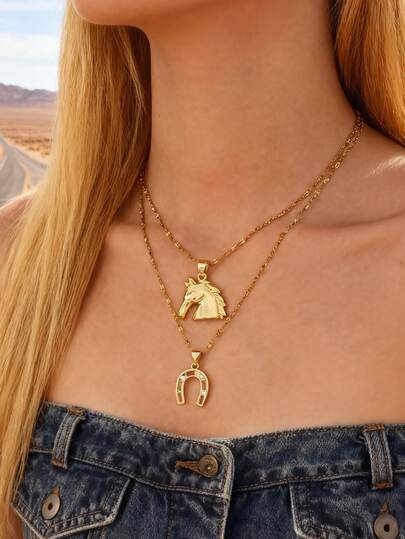 1pc Western Cowboy-Style Creative Fashion Elegant Exquisite Gorgeous Titanium Steel Horse Head Cowboy Hat Boots Horseshoe Necklace Women's Couple Jewelry Gift, Suitable For Valentine's Day, Daily Dates, Parties, Holidays, Gifting, And Vacation Wear