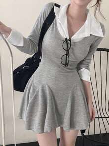 优雅女士二合一翻领束腰连衣裙 春季款 - 灰色 - 查看 2