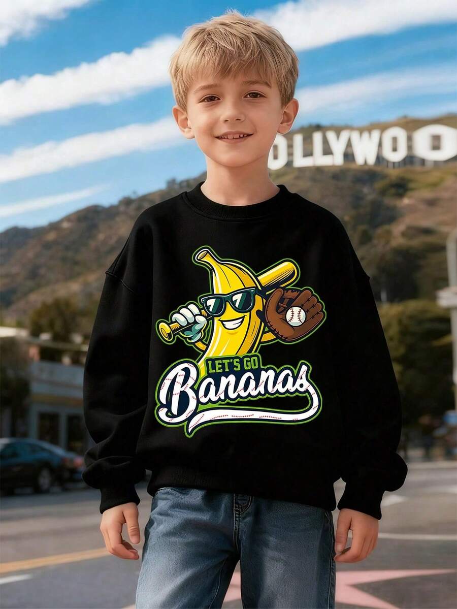 1PC Single-Sided Football Bowl Printing Crewneck Sweatshirt, Autumn And Winter Fleece-Lined Children's Sports Shirt, Perfect For Boys And Girls For Daily Commuting, School, And Casual Sports Wear. A Long-Sleeve Top Ideal For Holiday Parties, Gatherings, Outdoor Activities, And Travel Gifts For Children. - 黑色 - 查看 1