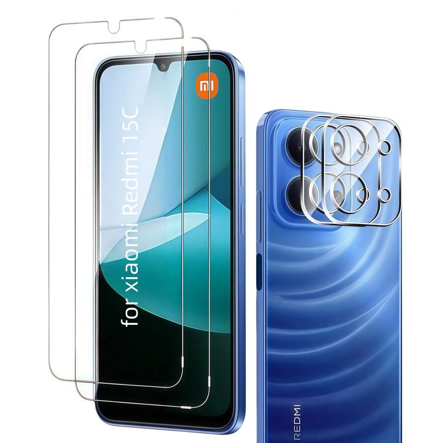 适用于小米 Redmi 15/Redmi 15C 的 4 件套，包含 2 片钢化玻璃屏幕保护膜和 2 片钢化玻璃摄像头镜头保护膜，3D 高清 9H 防刮镜头保护膜，屏幕保护必备品，适用于日常、办公、家庭使用。防水防震防摔防刮。