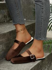 Women's Spring/Summer New Closed Toe Splicing Slip-On Sandals, Fashion Versatile Fairy Style Elegant Slip-On Mules - Coffee Brown - View 5