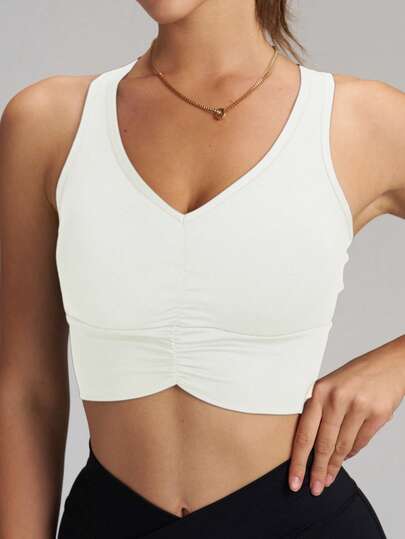 ATTRACO 女士白色V领褶皱无袖运动背心，可拆卸衬垫工字背心式运动文胸